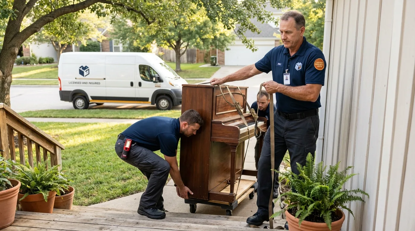 Licensed piano movers securing grand piano in Ocean Shores, WA