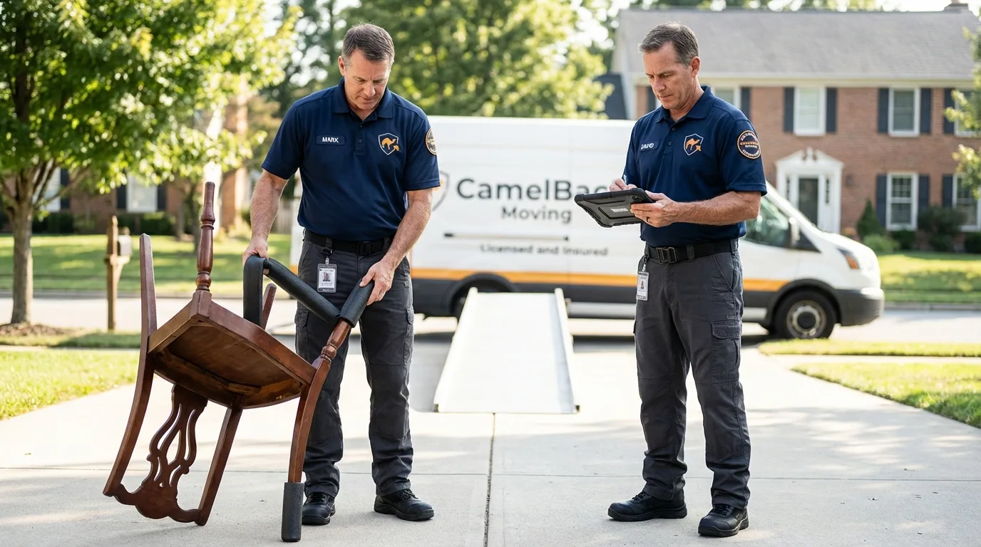 Movers inspecting furniture for damage prevention before loading in Ocean Shores, WA