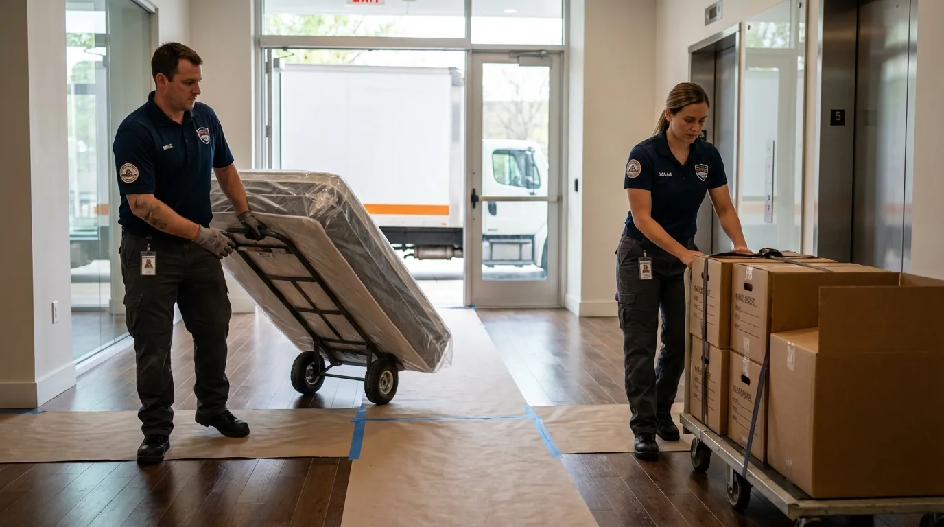 Professional apartment movers loading elevator in Ocean Shores, WA