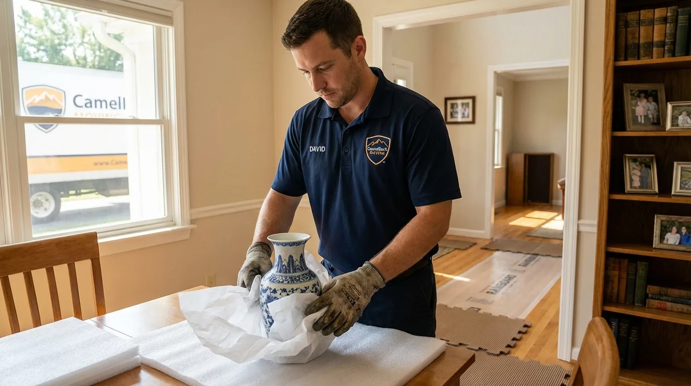 Professional crew carefully wrapping antique vase for senior downsizing move in Ocean Shores, WA